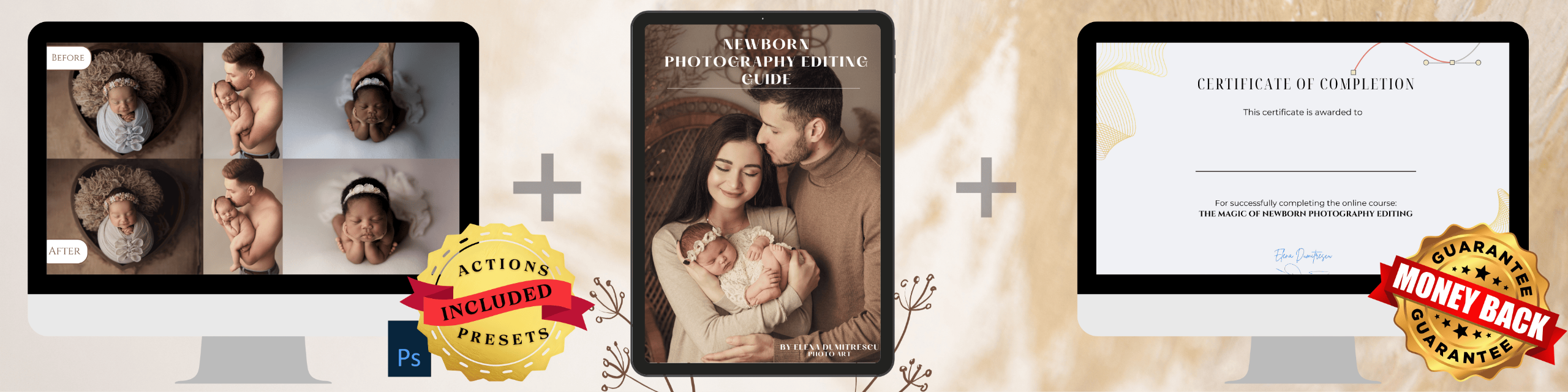 Before and after image showing the transformation of the froggy pose edit using exclusive actions and presets from the Magic of Newborn Photography Editing course in Adobe Photoshop