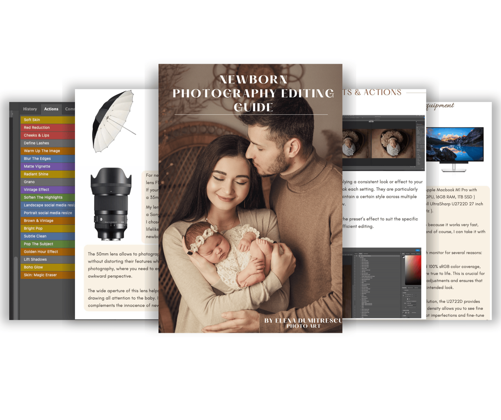 A downloadable 11-page PDF guide titled "Newborn Photography Editing Guide," covering essential aspects like camera settings, lighting, equipment, and color compositions for using presets and actions effectively