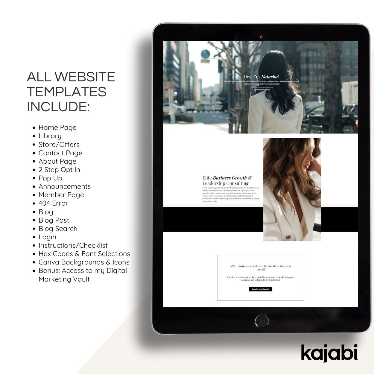 Kajabi website template pages included, showing homepage, blog, offers, opt-in pages, and member pages in a luxury, high-converting website layout