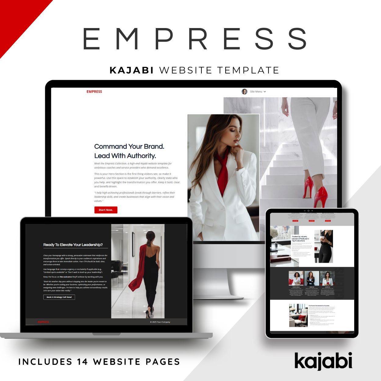 Empress red aesthetic Kajabi Website Template displayed on multiple screens