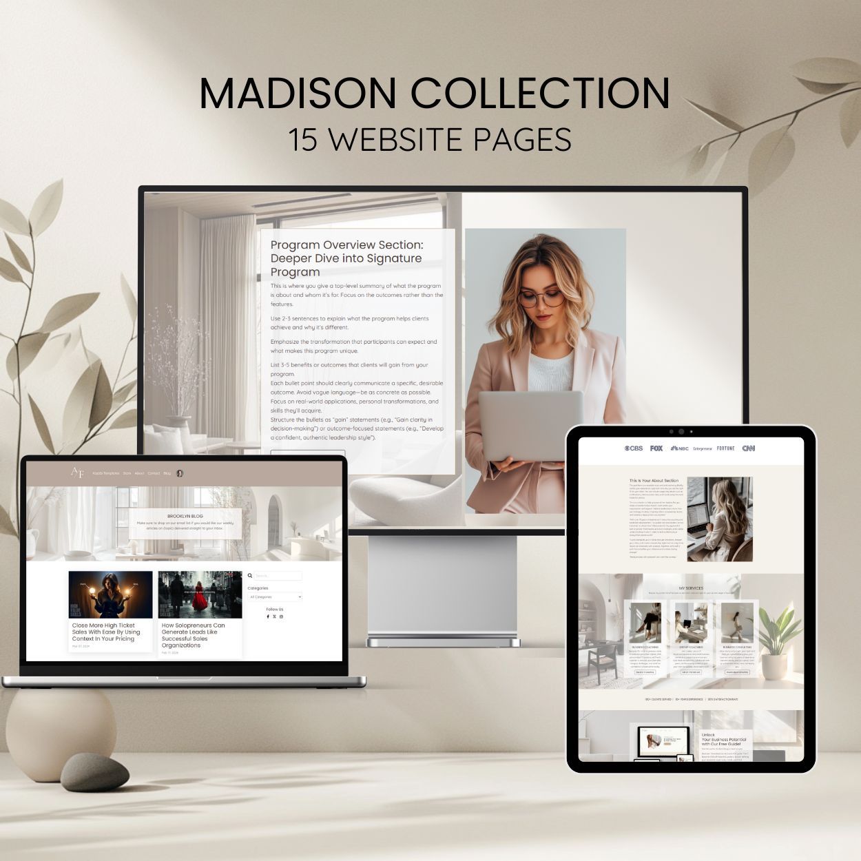 Madison Kajabi Website Template in neutral aesthetic displayed on a laptop