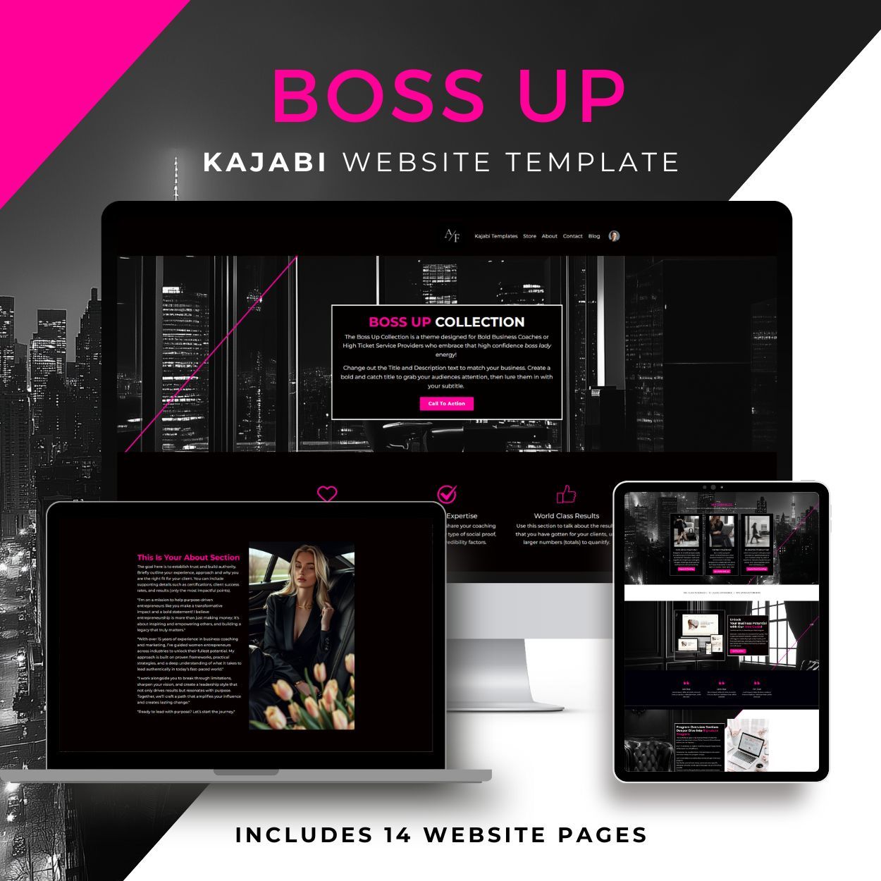 Boss Up Collection Kajabi website template featuring a bold, modern layout for high-ticket coaching and digital products