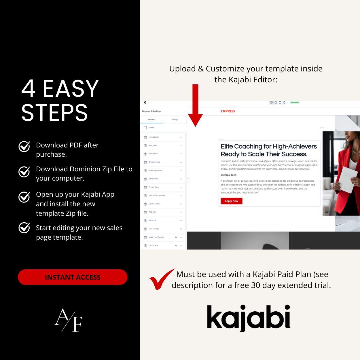 Kajabi website template installation steps showing how to upload, customize, and publish a premium Kajabi site