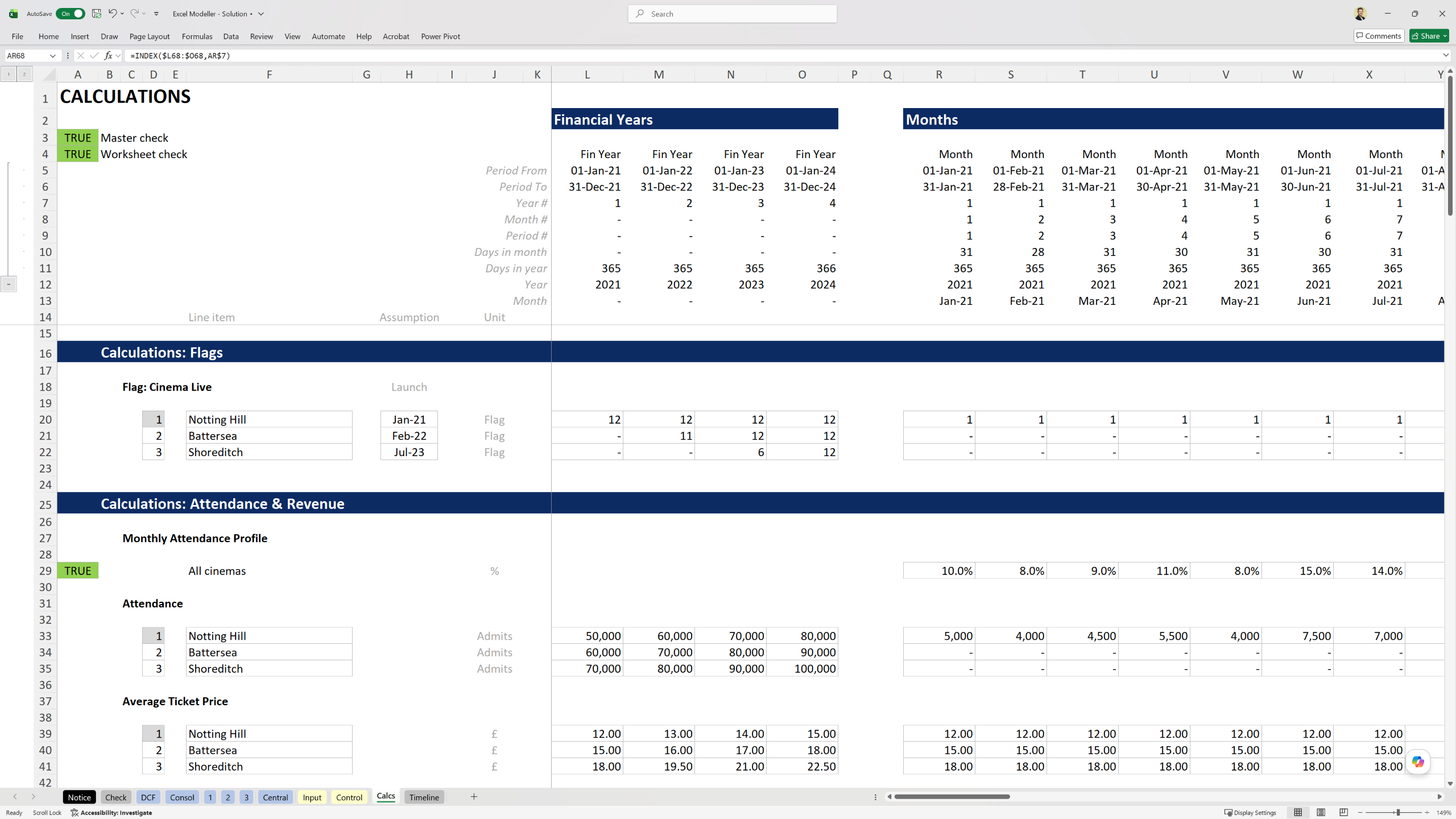 Financial model calculation page featuring timeline, flags, and linked assumptions