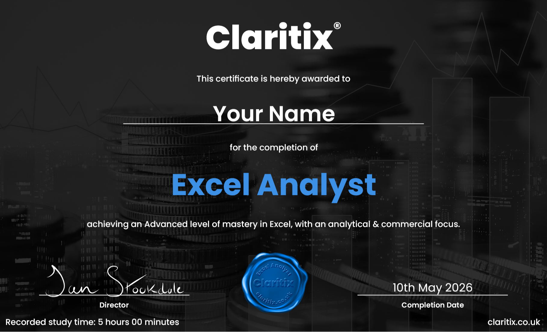 Excel Analyst certificate of completion