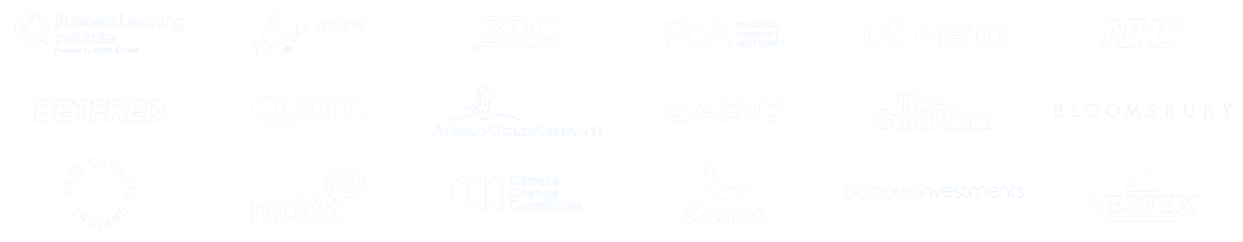Row of company logos of ICAEW, Business Learning Institute, PwC, DAZN, BBC