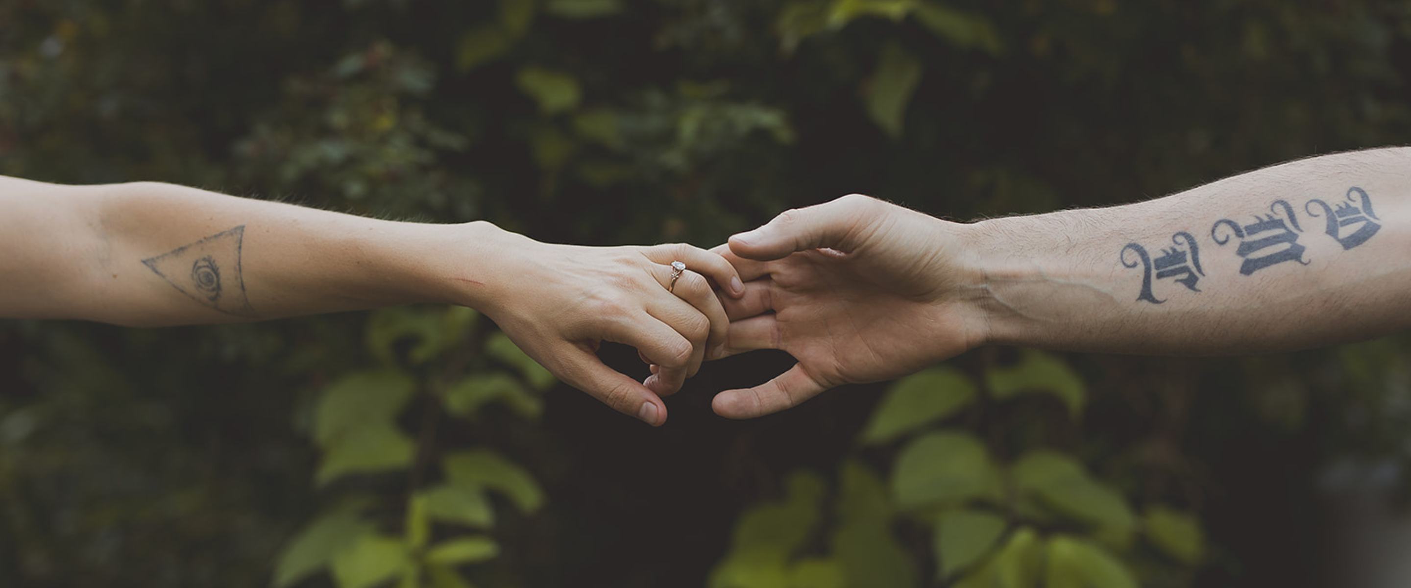Two hands reaching for each other in the forest