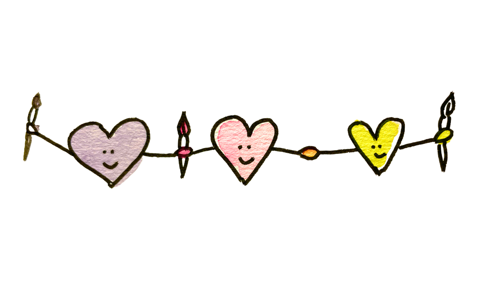 drawing/watercolor of hearts holding hands and paint brushes
