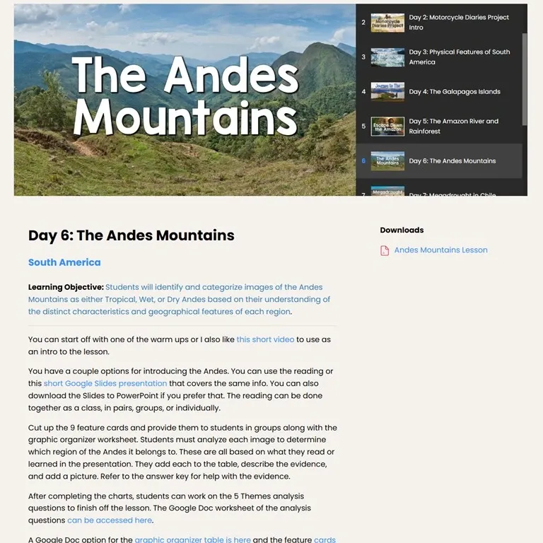 Andes Mountains Lesson Plan for Geography