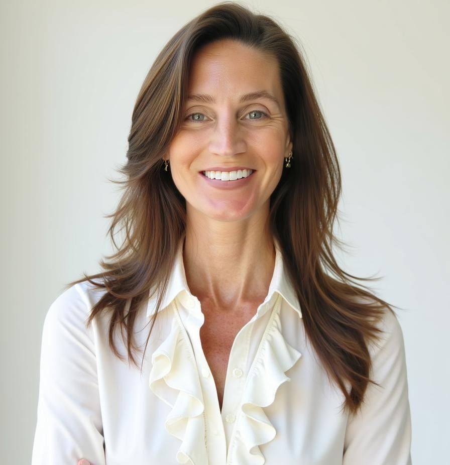 Christina smiling facing the camera with arms crossed wearing a white blouse with a ruffled collar.
