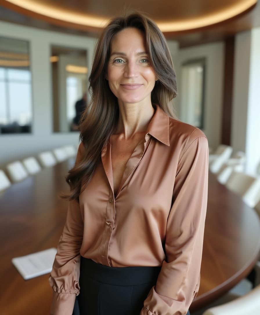 Christina wearing a copper colored blouse, black skirt, standing in front of a table surrounded by chairs in a boardroom