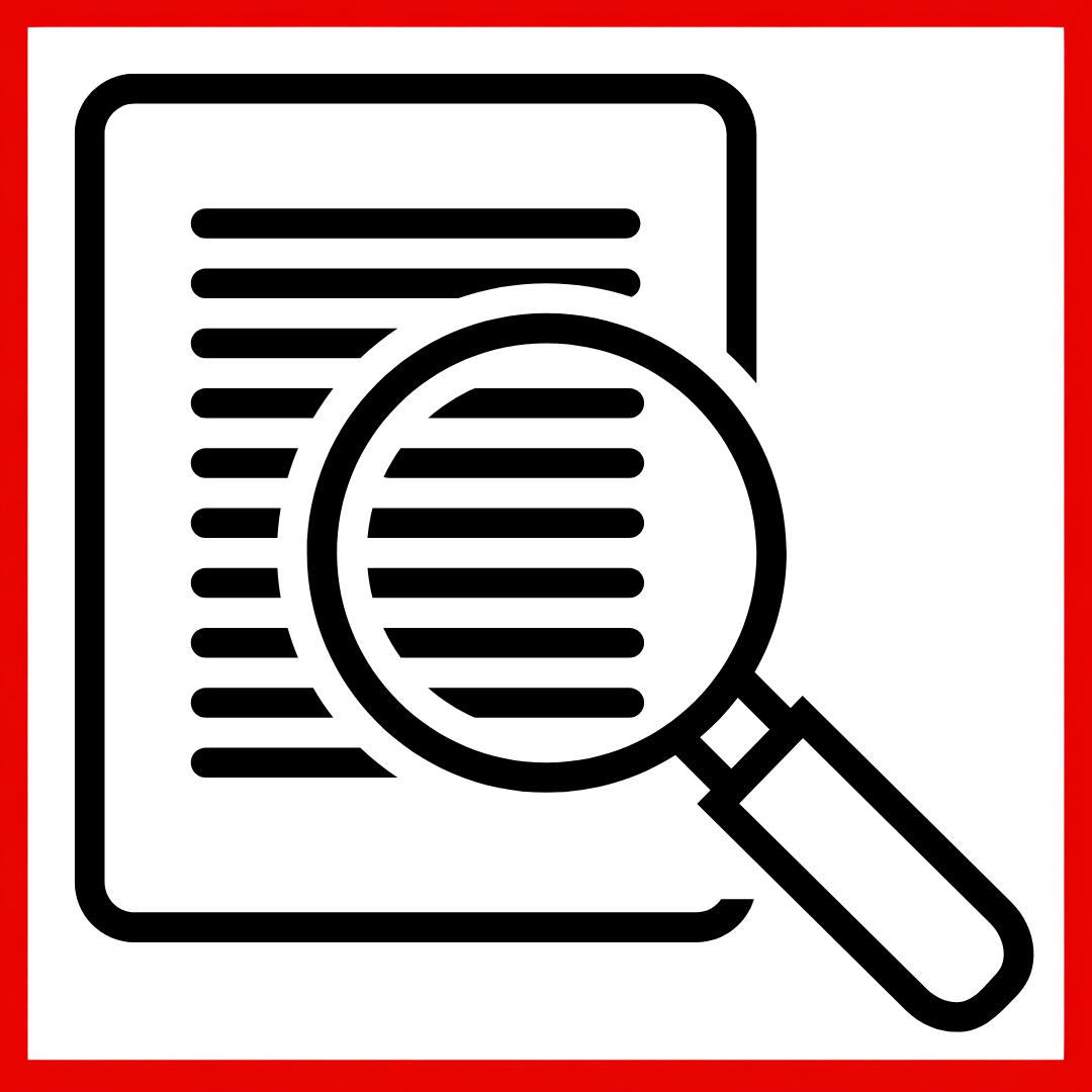 Line drawing of a page out of a book with a magnifying glass over it—all surrounded by a red border