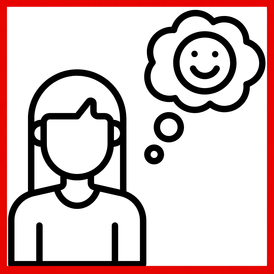 outline of a female figure with a thought bubble with a happy face inside it—all surrounded by a red border