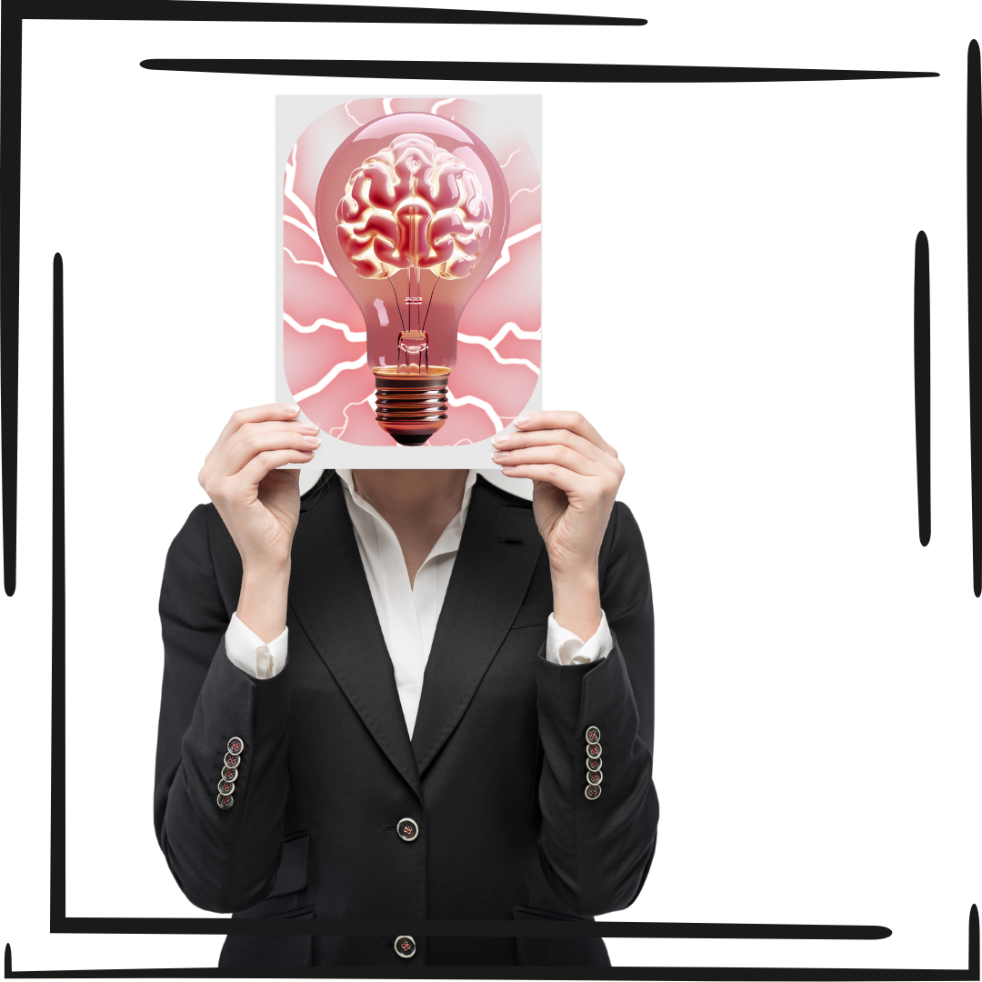 Woman holding up a piece of paper in front of her face that is redish-pink in color featuring a light bulb with an electrified brain inside