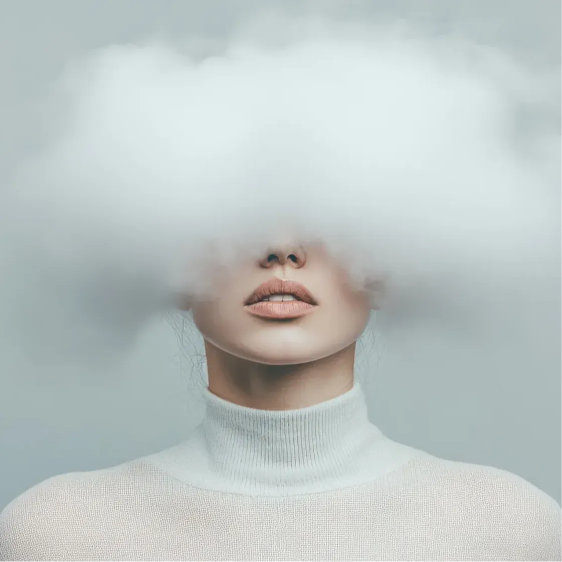 A woman in a white turtleneck stands against a gray background, a cloud obscuring her eyes and forehead—symbolizing the unseen struggles that First Aid for Mental Health aims to address—leaving only her nose, mouth, and neck visible.