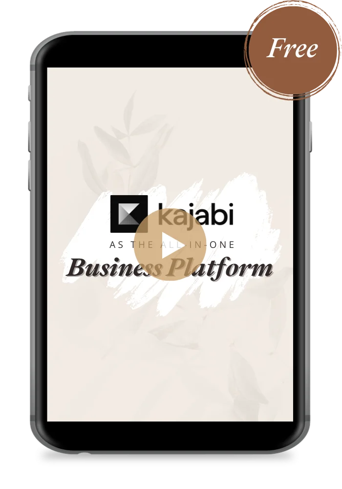 kajabi as the all-in-one business platform -training on an ipad screen with a round 'free' symbol on top right corner