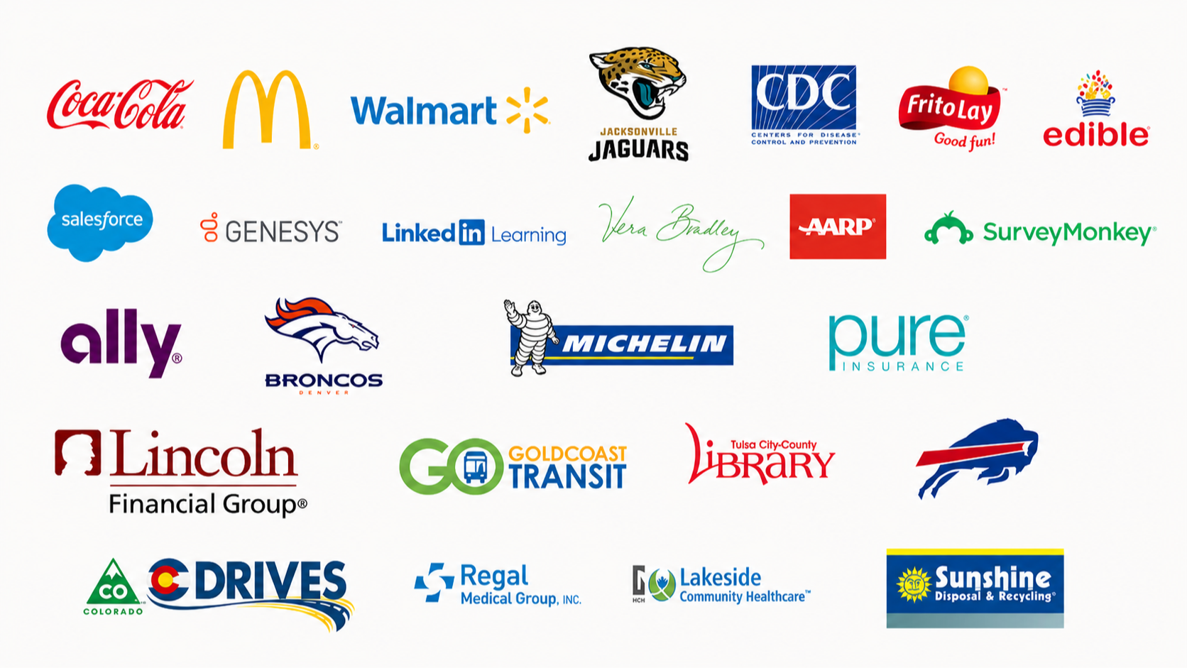 Trusted by Coca-Cola, McDonald's, Walmart, Jacksonville Jaguars, CDC, Frito-Lay, Salesforce, Genesys, LinkedIn Learning, Vera Bradley, AARP, SurveyMonkey, Ally, Denver Broncos, Michelin, Pure Insurance, Lincoln Financial Group, Buffalo Bills, and more