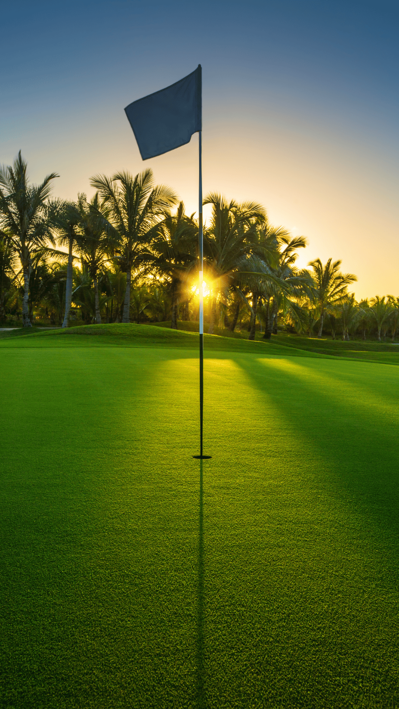 Professional golf instruction basics: course flag, female golf instructor with ball and tee at Florida golf school