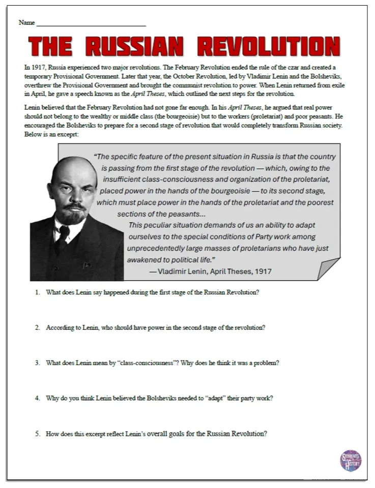 A worksheet on Lenin and the Russian Revolution for World History teachers.