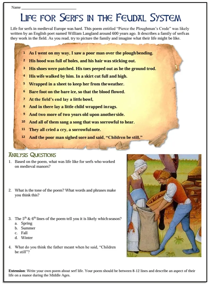 A World History worksheet about feudalism and serfs in the Middle Ages.
