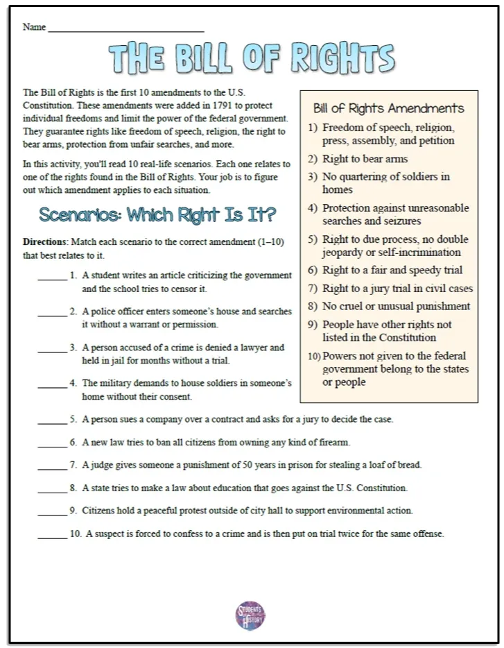 A worksheet on the Bill of Rights for students.