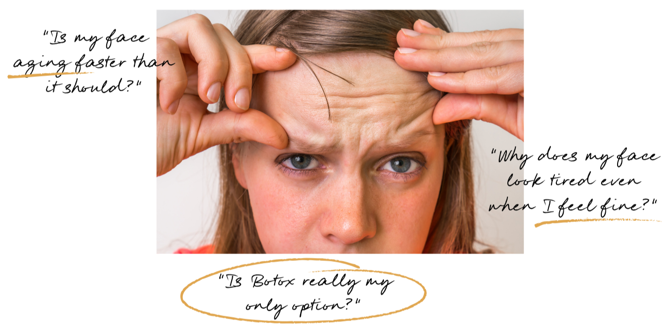 image of woman checking her forehead wrinkles and asking questions on aging and botox
