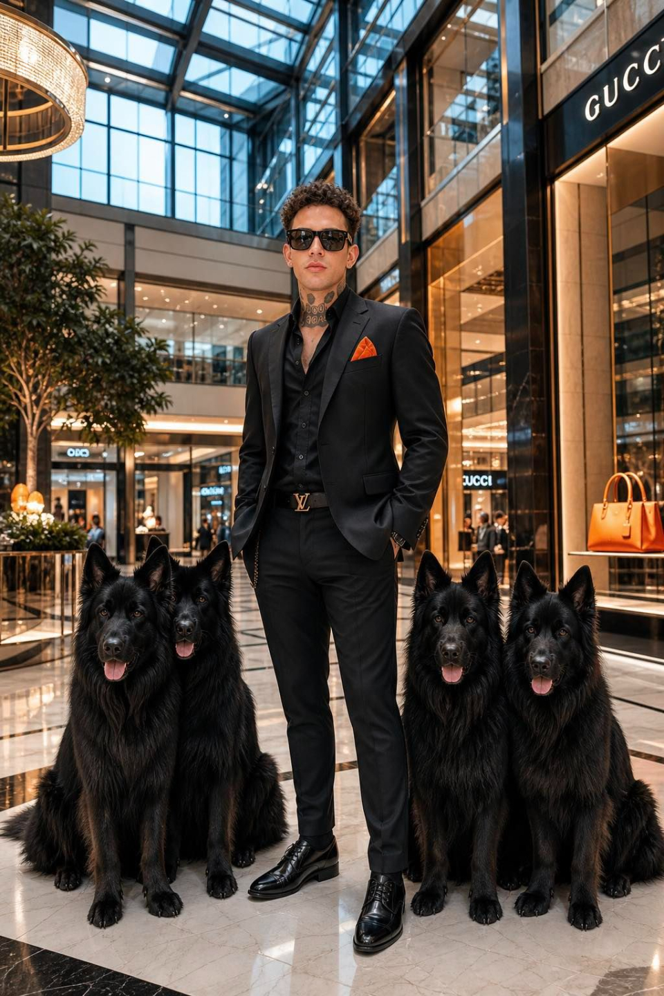 The Dog Daddy stands in a field with 5 of his black long-haired German Shepherd Dogs sitting next to him