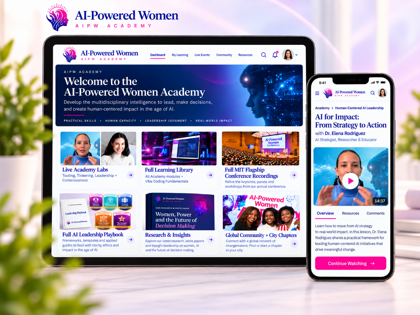 AI-Powered Women Academy learning platform displayed on laptop and smartphone