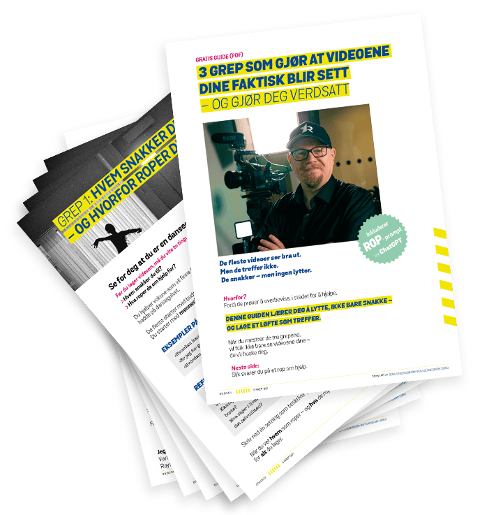 Lag videoer som faktisk blir sett – og gjør deg synlig for de som trenger deg. Gratis guide med AI-bonus: 3 grep som gjør deg synlig, relevant og etterspurt - systemet – med AI som kreativ partner – som gjør deg synlig på Instagram Reels, YouTube Shorts og sosiale medier – med videoer som faktisk blir funnet, sett og verdsatt av de riktige menneskene.