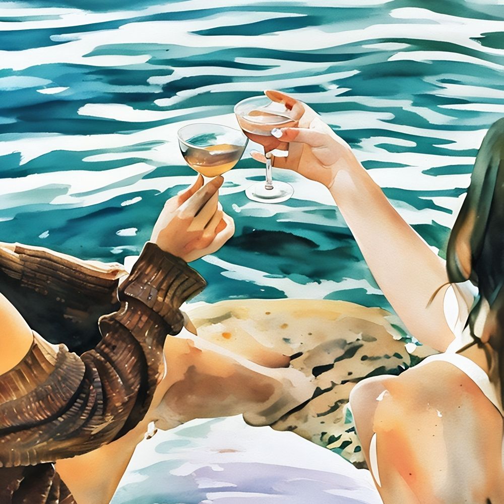 Photo of Two Women Cheering Each Other at a Seaside Picnic by Haute Stock