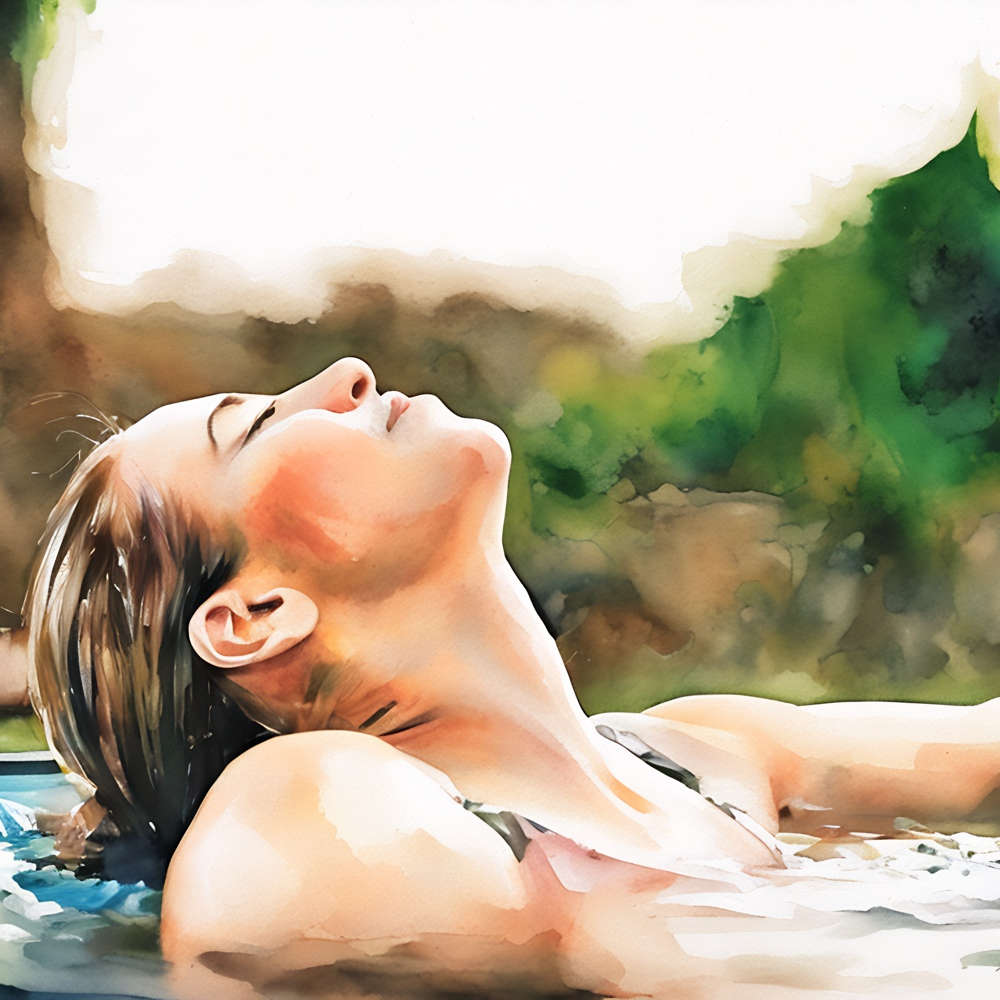 Photo of a Satsified Women Relaxing in a Hot Spring by Haute Stock