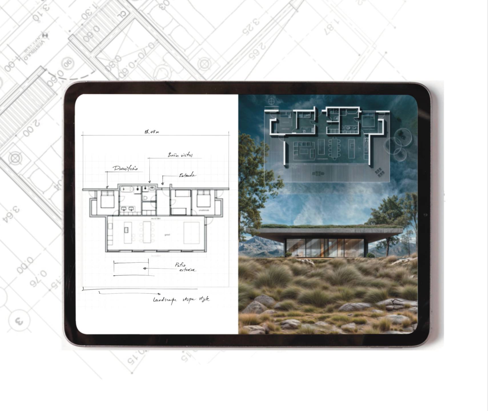 iPad con un plano de diseño y la representación visual de un proyecto arquitectónico y paisajístico.