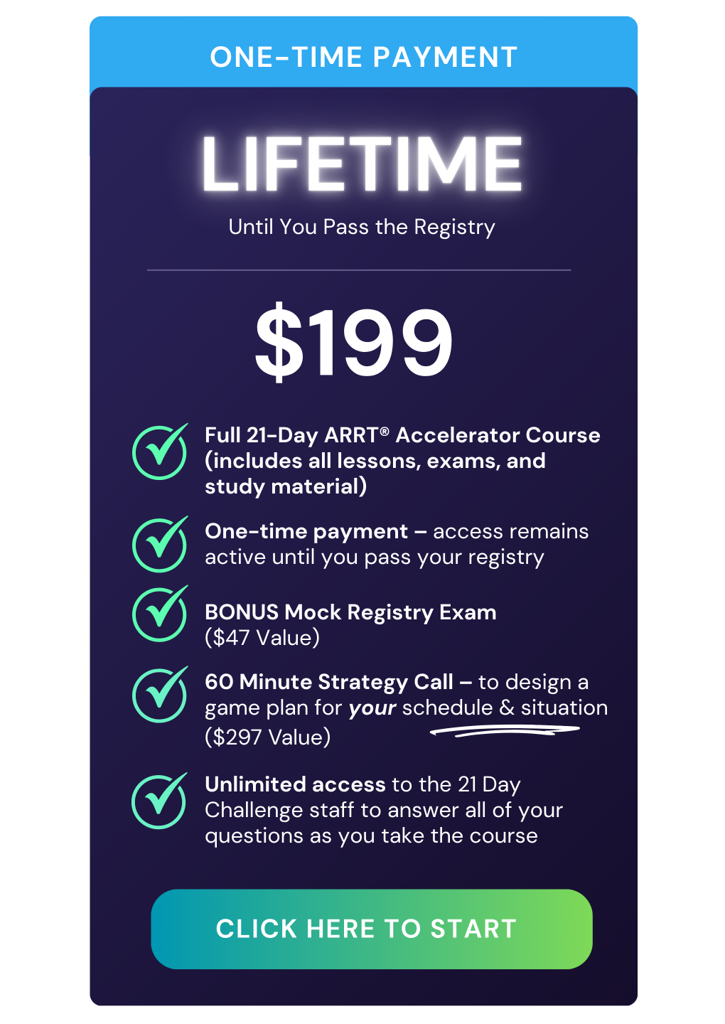 Lifetime ARRT exam prep plan – one-time $197 payment with unlimited access until you pass the registry.