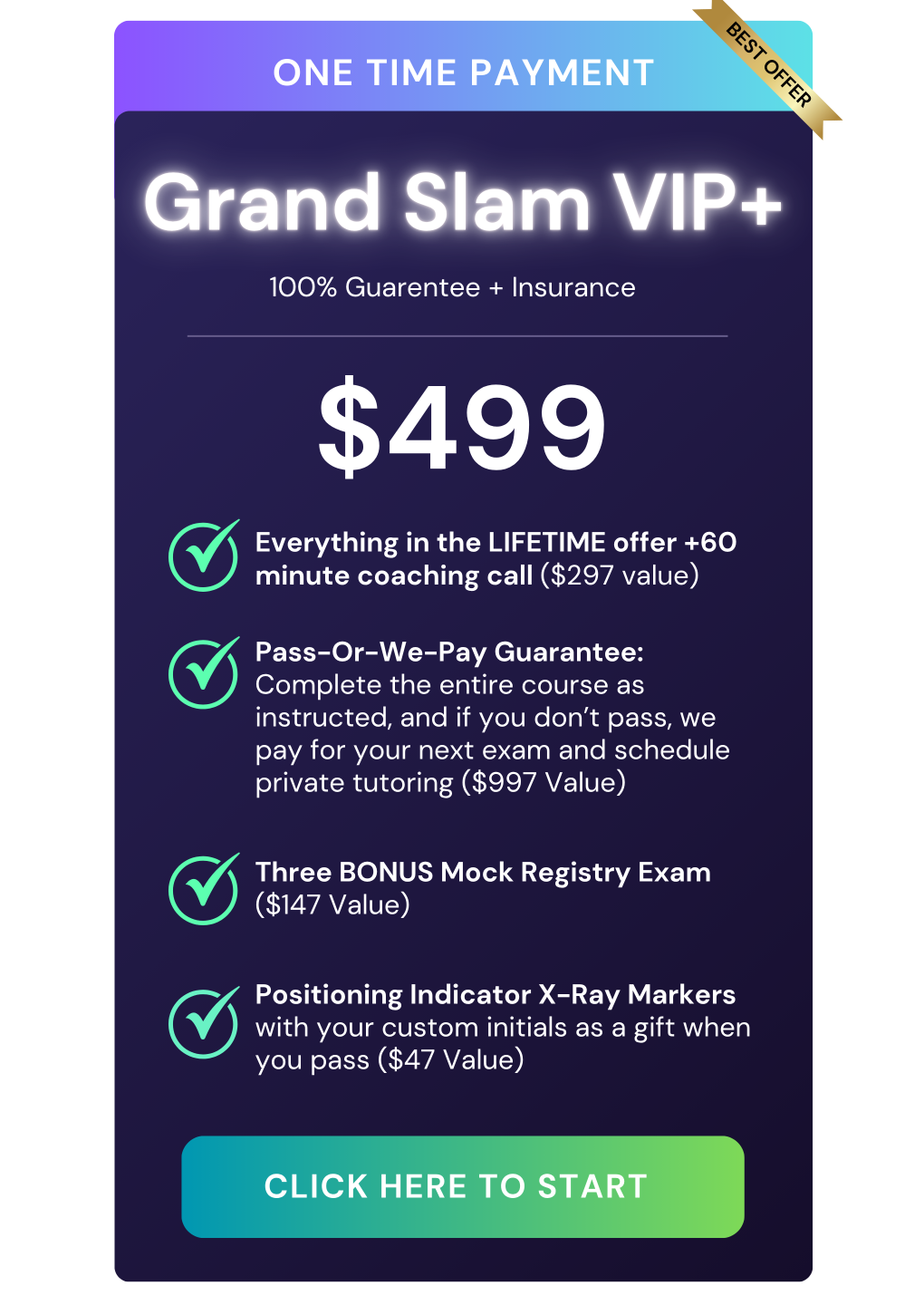 Grand Slam VIP Plus one-time payment ARRT exam prep plan – $497 includes lifetime access, pass-or-we-pay guarantee, bonus mock exams, personalized X-ray markers, and exclusive vacation bonus.