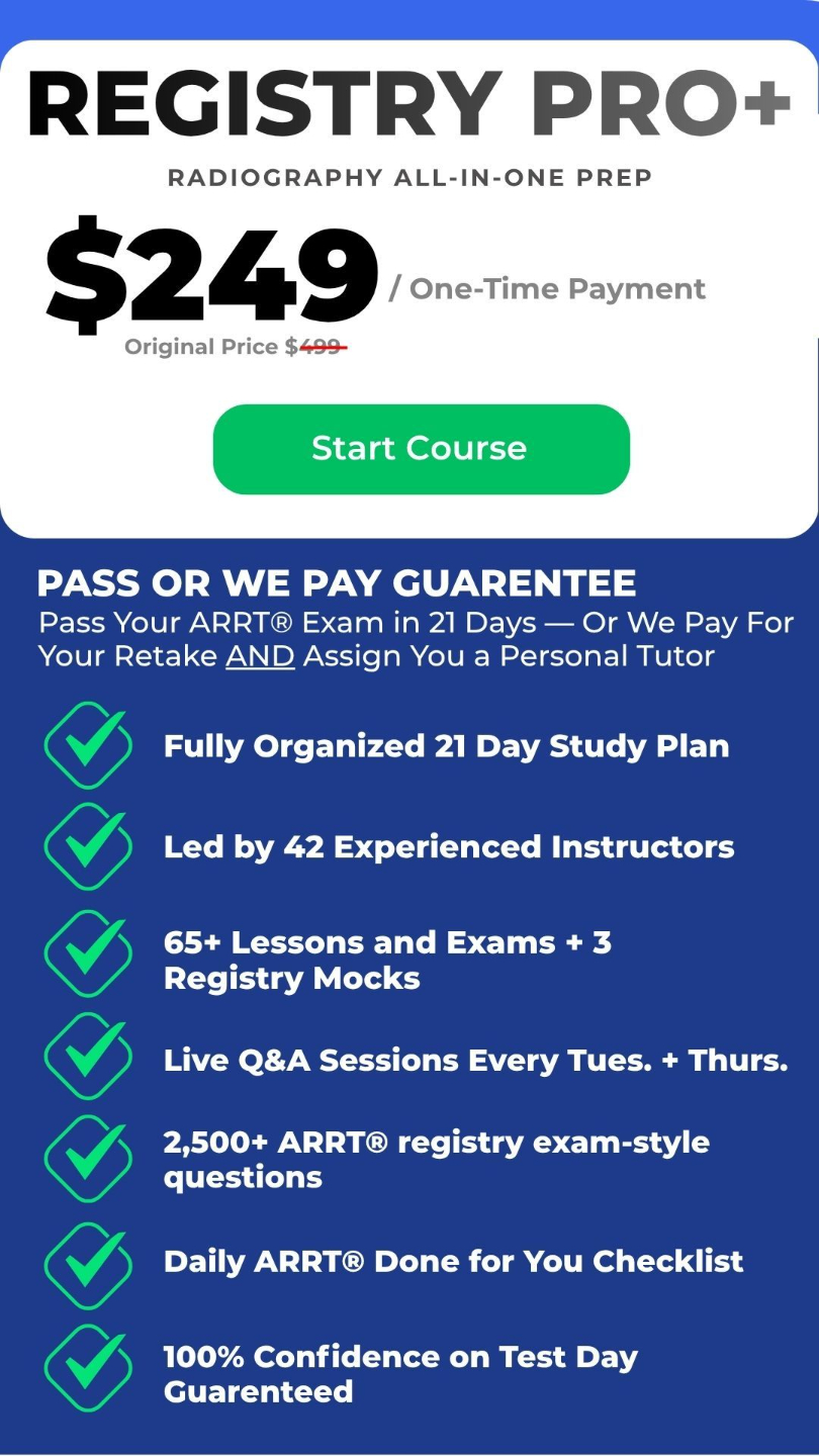 Registry Pro Plus radiography all-in-one ARRT exam prep course with pricing, study plan, and pass guarantee details