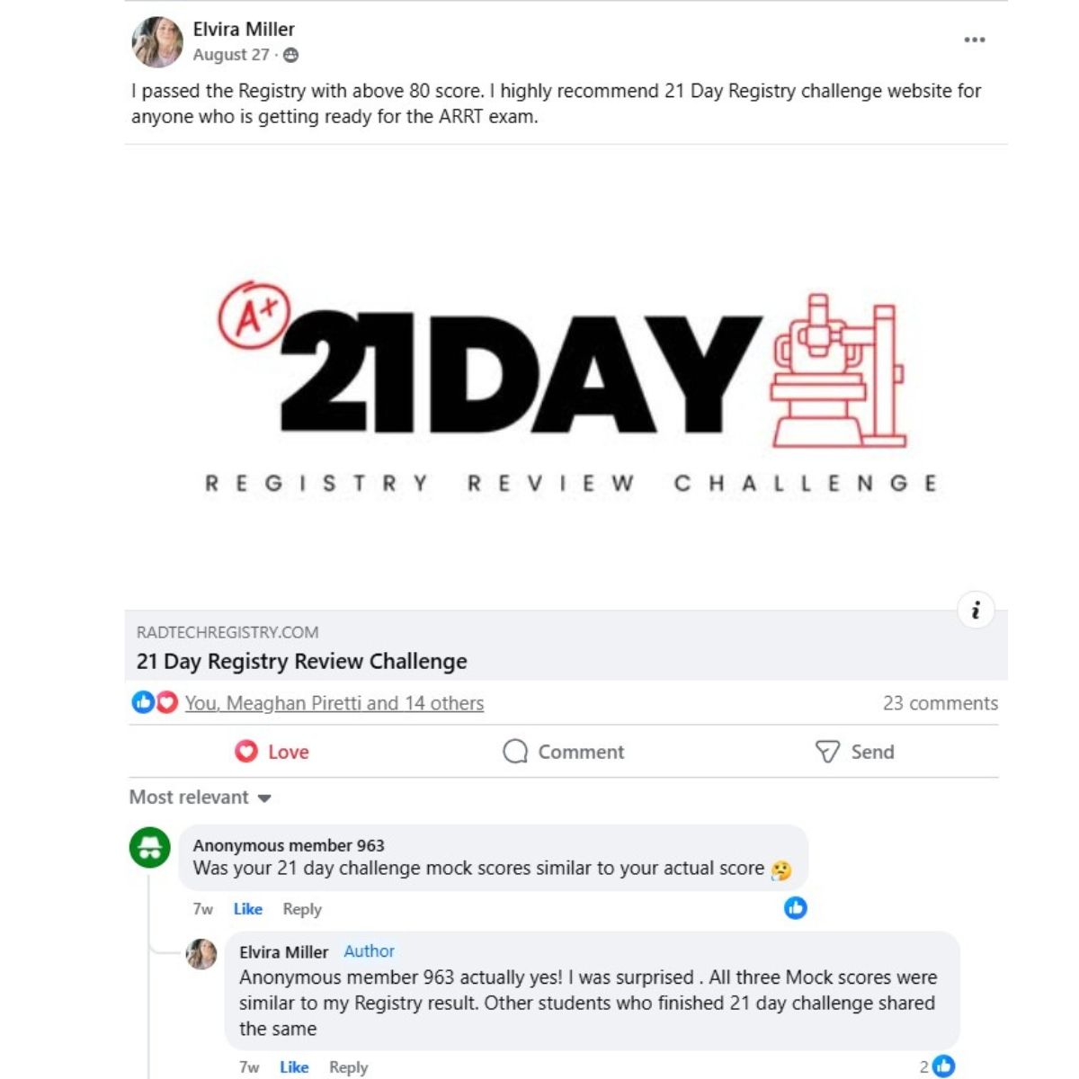 Facebook testimonial from Elvira Miller recommending the 21 Day Registry Review Challenge after passing the ARRT registry exam with a score above 80, praising the accuracy of the mock exams.