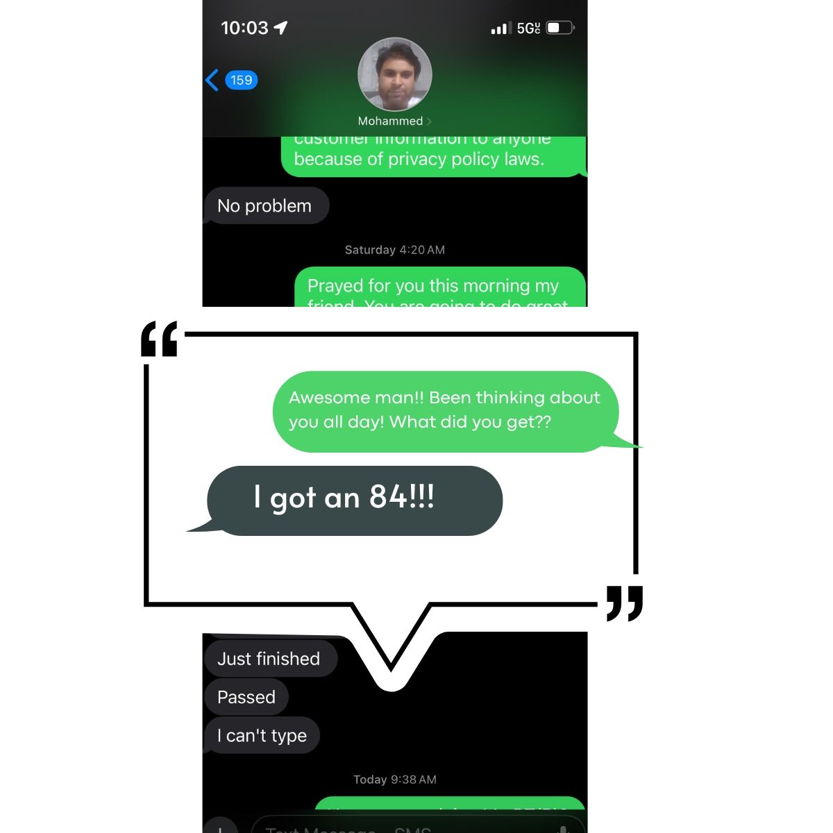 Text message testimonial from Mohammed celebrating passing the ARRT registry exam with a score of 84 after completing the 21 Day Registry Review Challenge program.