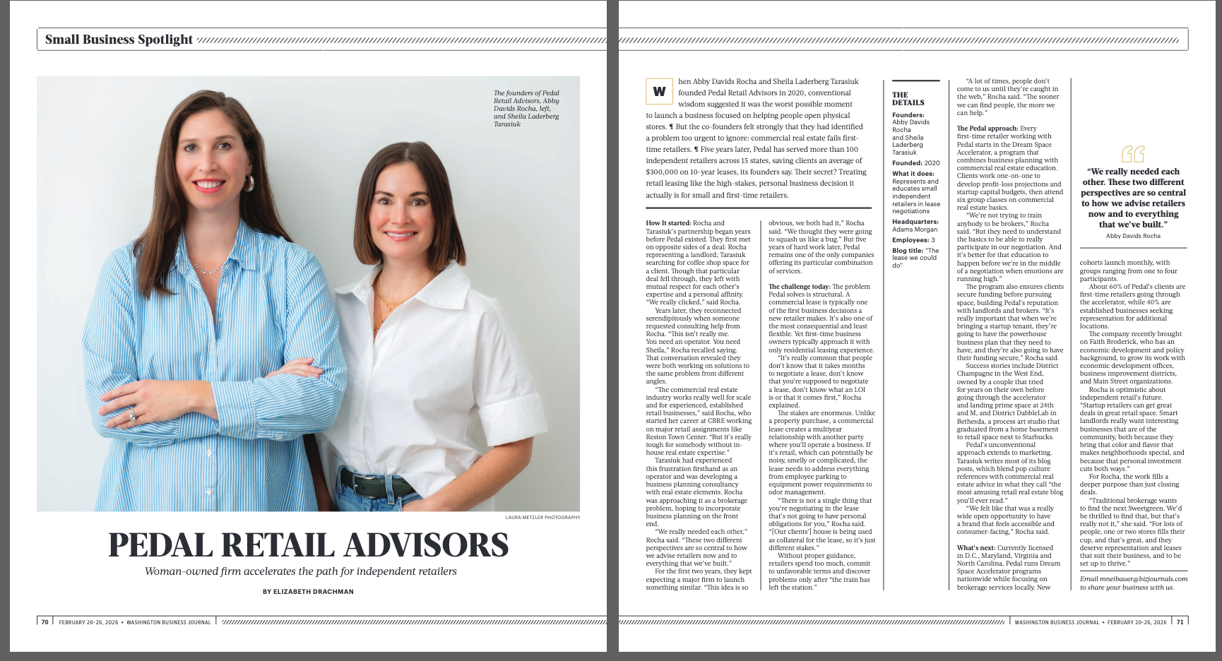 Screenshot of Washington Business Journal Small Biz Spotlight featuring Pedal Retail Advisors, a retail real estate advisory firm supporting independent retailers.