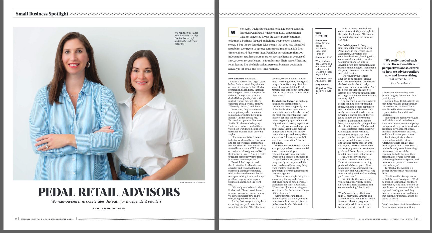 Screenshot of Washington Business Journal Small Biz Spotlight featuring Pedal Retail Advisors, a retail real estate advisory firm supporting independent retailers.