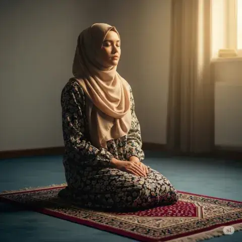 Woman in a hijab sitting calmly in prayer on a prayer mat, lit by soft window light