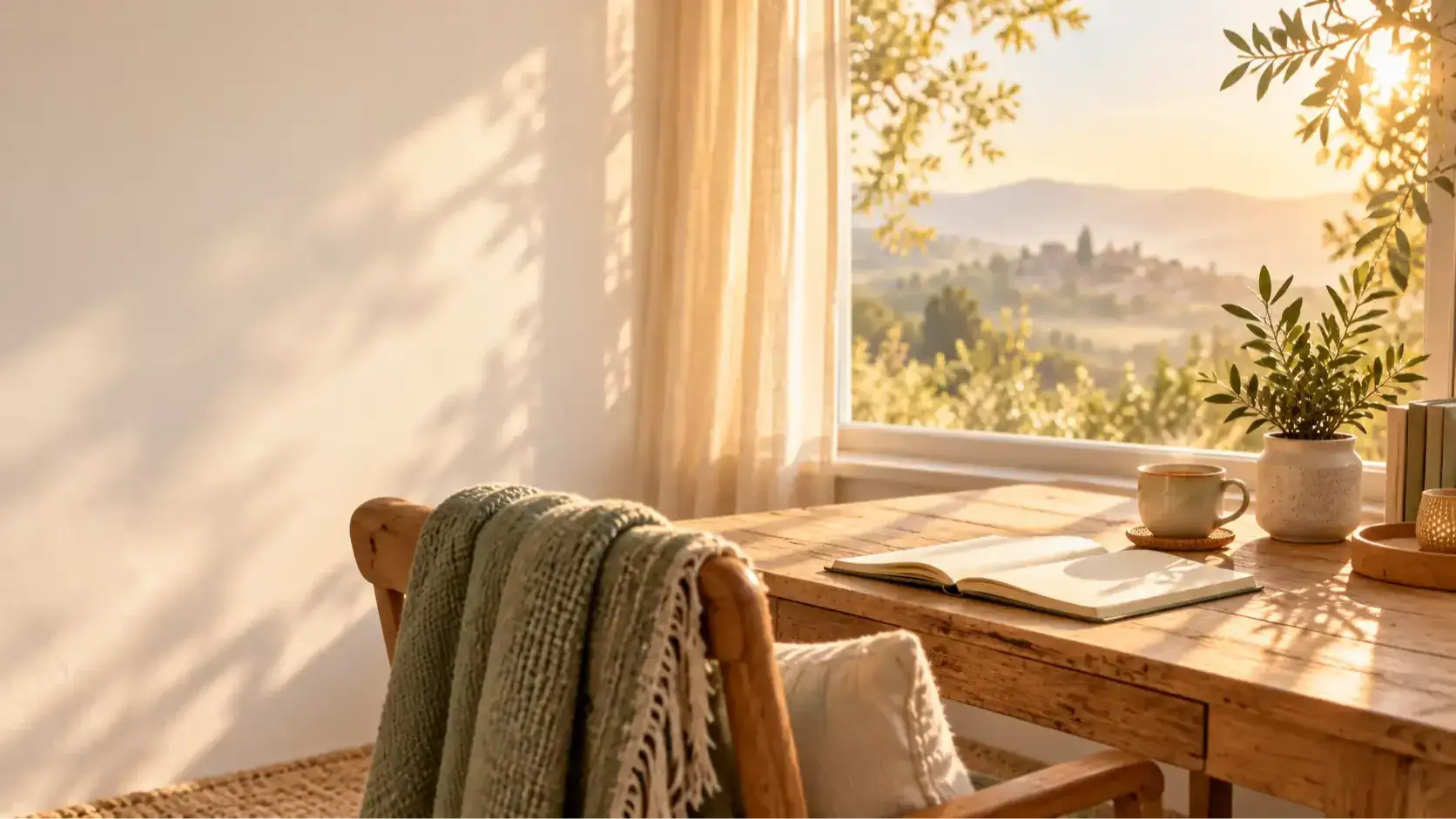 A quiet corner of a cosy room in soft morning light, with a table, notebook and cup of tea by a window