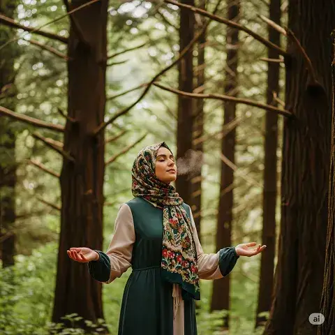 Woman in a hijab standing among tall forest trees with her arms open, breathing out calmly