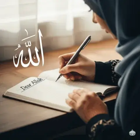 Woman in a hijab writing a heartfelt dua in a journal, with the word Allah in Arabic calligraphy beside the page