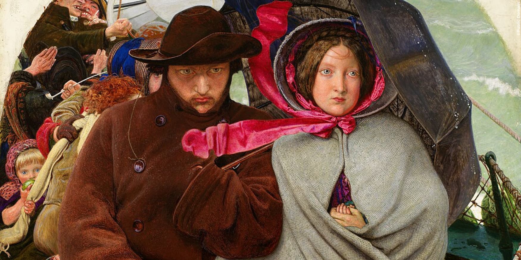 detail van een man en vrouw op het schilderij 'The Last of England' van Ford Madox Brown, 