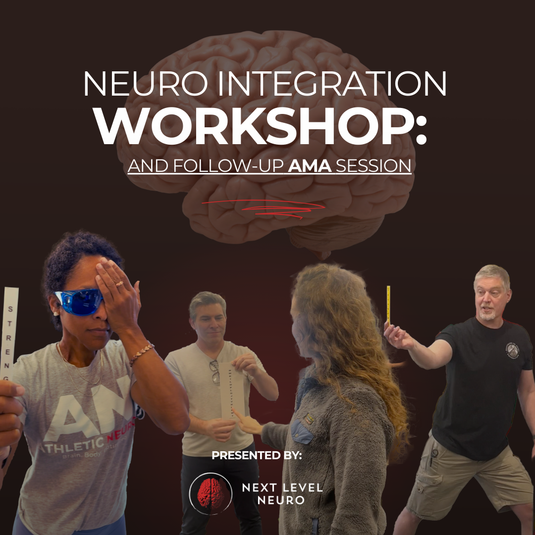 Vestibular Training Masterclass, Female athlete performing athletic stretch standing side-bend, and second female athlete performing a box jump. Next Level Neuro logo in corner