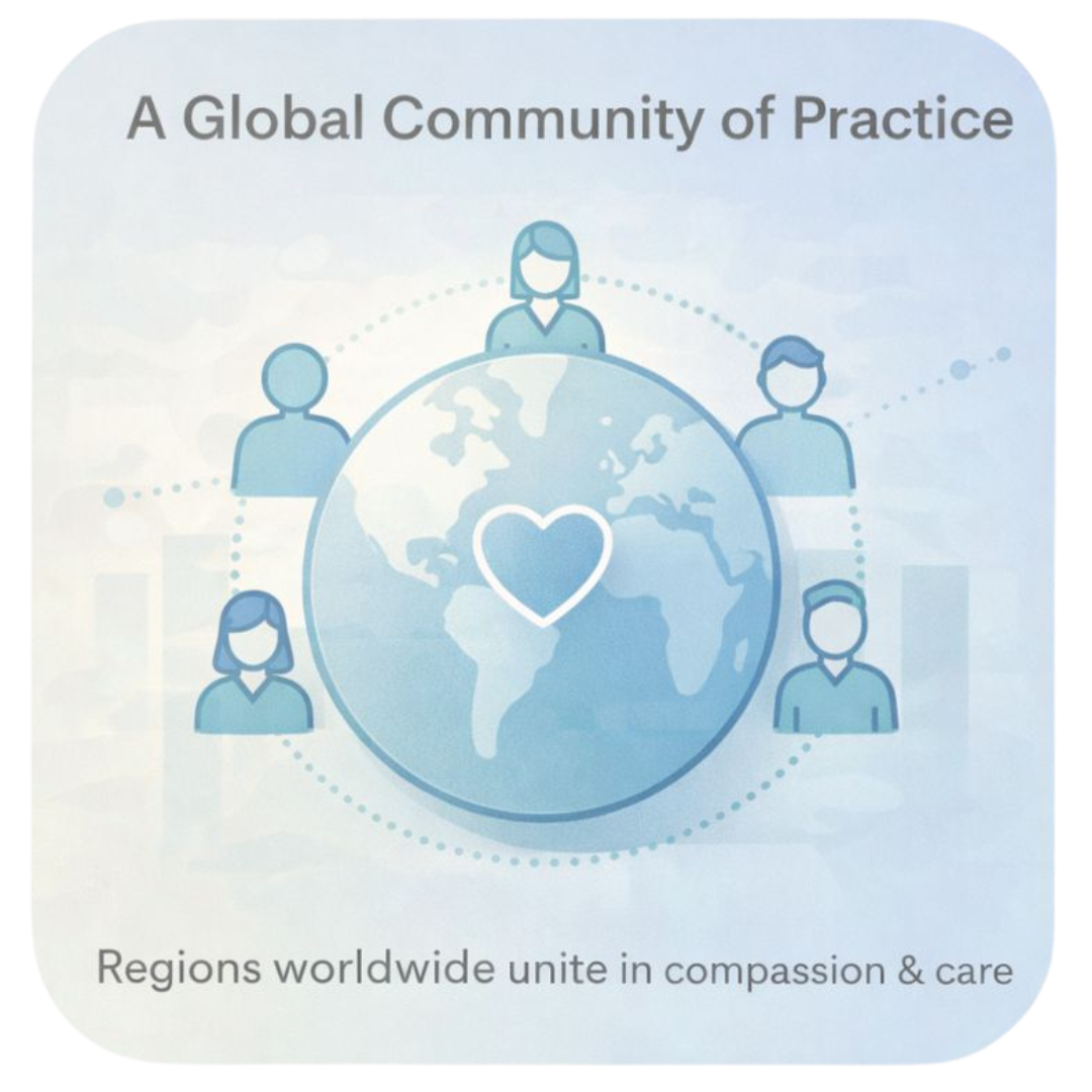 Illustration of people connected around a globe with a heart at the center, representing a worldwide Healing Touch community of practitioners.