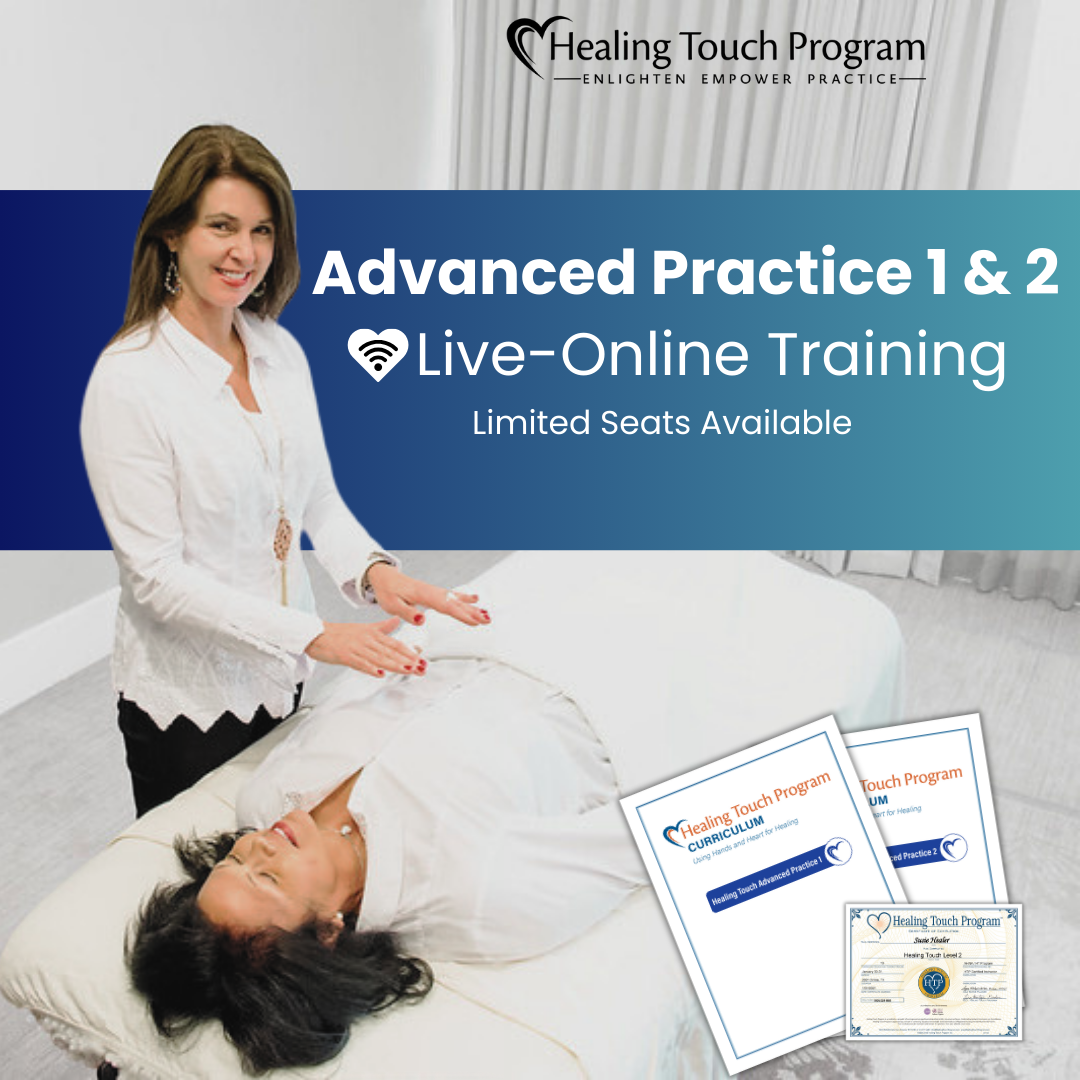 Healing Touch Advanced Practice training with an instructor demonstrating hands-on energy healing techniques during a live online class.