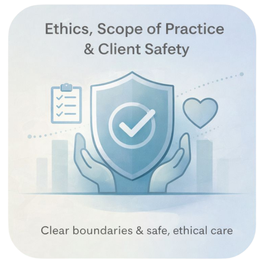 Illustration featuring a protective shield, heart, and guiding hands symbolizing ethical practice, clear boundaries, and client safety in Healing Touch.