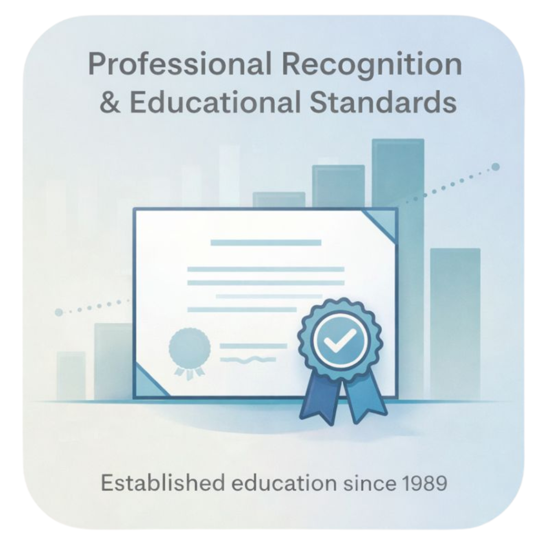 Illustration showing a certificate, academic symbols, and professional credentials representing recognized standards in Healing Touch education.