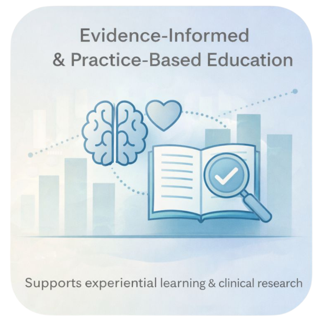 Illustration combining a book, lightbulb, and energy symbols representing evidence-informed learning and hands-on Healing Touch practice.
